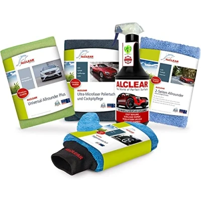 Afbeelding van ALCLEAR 8201050 autoverzorgingsset voor diepe glans, met lak en ruiten, droogdoek, autopolijstdoek, lakverzegeling, velgenhandschoen, cockpitdoek