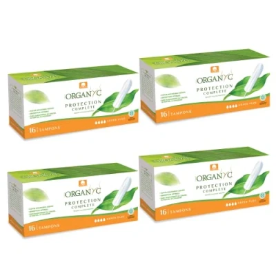 Afbeelding van Organyc Tampons van gecertificeerd 100% biologisch katoen voor zeer intensieve stroming, 4 verpakkingen met elk 16 stuks, in totaal 64 stuks