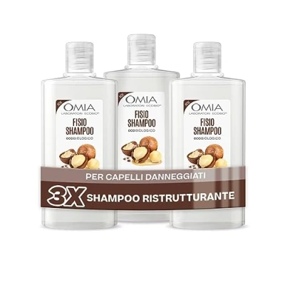 Afbeelding van Omia Fisio Eco Bio shampoo met macadamia olie, voor beschadigde haren, hydraterend en balancerend, frequent wassen, zonder siliconen sulfaten, 3 flesjes van 200 ml, exclusief Amazon