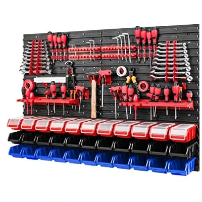 Afbeelding van Gereedschapswand 1152 x 780 mm opslagsysteem SET gatenwand met gereedschapshouders en stapelboxen deksel wandrek werkplaatsrek opbergdozen (blauw/rood/zwart)