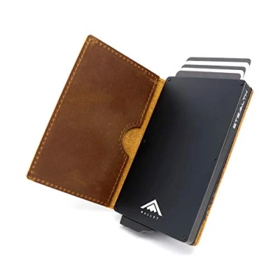 Afbeelding van STEALTH Wallet Slanke Lichtgewicht Minimalistische Kaarthouder Portemonnee Aluminium RFID/NFC Blokkerende Pop up Portemonnees Kaarthouders met Geschenkdoos (Zwart Bruin Crazy Horse leer)