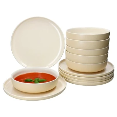 Afbeelding van Ritzenhoff &amp; Breker Jasper 12 delig tafelservies vanille, aardewerk servies voor 6 personen, x soepborden 610 ml en platte borden, eetborden diepe borden ontbijt, lunch avondbrood