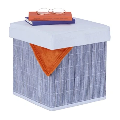 Afbeelding van Relaxdays poef met opbergruimte opvouwbare hocker vierkante voetenbank bamboe en stof