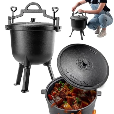Afbeelding van KADAX Jachtketel, 10 liter, gietijzeren kookpan met voeten, stoofpan van gietijzer, Dutch Oven voor tuin, kampvuur, camping, BBQ, vuurpan deksel