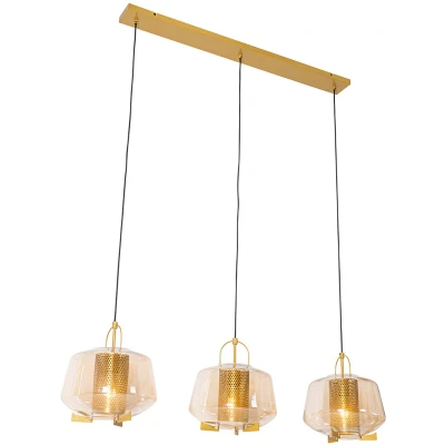 Afbeelding van QAZQA Hanglamp goud met amber glas 30 cm langwerpig 3 lichts Kevin