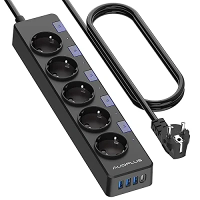 Afbeelding van AUOPLUS Meervoudige stekkerdoos met 5 stopcontacten en 4 USB poorten (3 A+1 C), overspanningsbeveiliging schakelaars, 3 m kabel, 3680 W/16 A, zwart