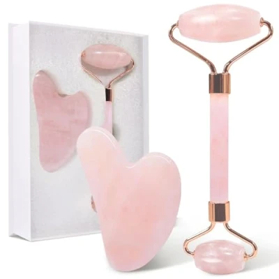 Afbeelding van GUGUG Jade Roller en Gua Sha Set, Rozenkwarts met Guasha Stone, gezichtsroller voor vrouwen, massagegereedschap gezicht, nek lichaam spieren ontspannen