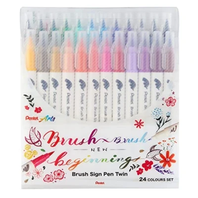 Afbeelding van Pentel SESW30C 24 Brush Sign Pen Twin, set van kleuren, viltstiften met twee flexibele schrijfpunten, inkt op waterbasis, gesorteerd, 1 stuk (verpakking stuks)
