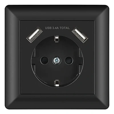 Afbeelding van Sasudose USB Stopcontact, Inbouwstopcontact Wandcontactdoos Schuko Stopcontact met 2 (Max. 3.4A) en Frame Geschikt voor Thuis, Kantoor, Hotel (Zwart)