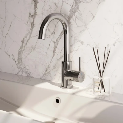 Afbeelding van Brauer Chrome carving Wastafelmengkraan opbouw hoog draaibaar ronde uitloop model a chroom