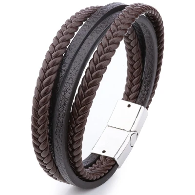 Afbeelding van Armband Heren Bruin Leer met Stalen Sluiting Dubbele Vlecht Armbanden Cadeau voor Man Mannen Cadeautjes