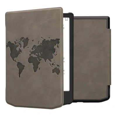 Afbeelding van kwmobile e reader hoesje geschikt voor Pocketbook Verse / Pro Color Vivlio Light HD hoes Ereader flip case met standaard Kunstleren cover Wereldkaart design in grijs