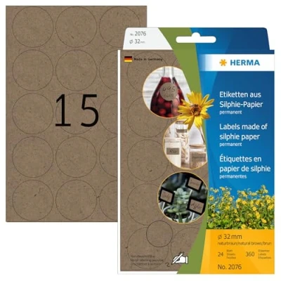 Afbeelding van HERMA 2076 Multifunctionele etiketten rond, 24 vellen, Ø 32 mm, 15 stuks per vel, 360 stickers, zelfklevend, huishoudetiketten om te beschrijven, mat, blanco zelfklevende van silphiepapier,
