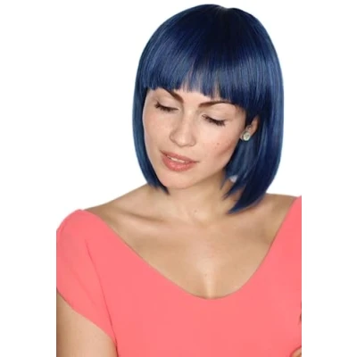 Afbeelding van Prettyland Dames kort natuurlijk als echt haar kinnlang BOB gladde pruik blauw zwart korte C442