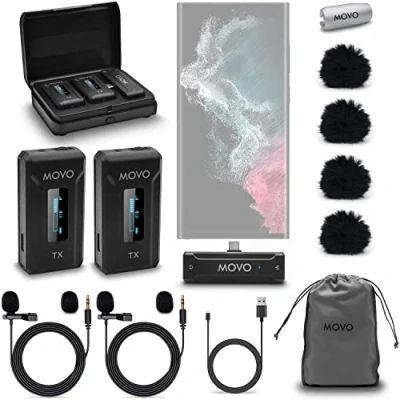 Afbeelding van Movo WMX 2 C DUO Dual Wireless Lavalier microfoons voor Android met oplaadcase, ingebouwde microfoons, clip on reversmicrofoons, 7HR batterij, 100 m bereik, verstelbare versterking USB