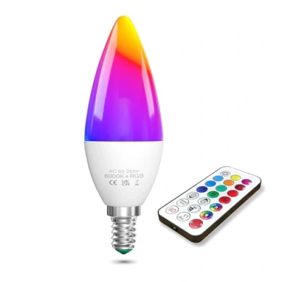 Afbeelding van TobeBright E14 kleurveranderende Lamp, 3W RGB LED Lamp met Afstandsbediening Dimbare Koele Witte 6000K + C35 Gekleurde Gloeilampen, 40W Equivalent, Geheugen en Timingfunctie, 1 pack