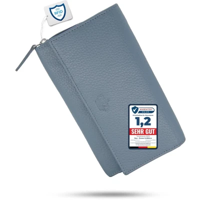 Afbeelding van Damesportemonnee RFID bescherming Duivenblauw Echt leer 19x11x4cm