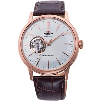 Afbeelding van Orient Heren analoog automatisch horloge met leren armband RA AG0001S10B, roségoud wit bruin, band