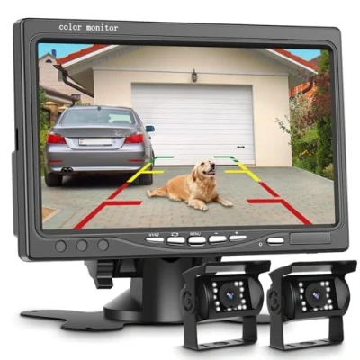 Afbeelding van Podofo Dual achteruitrijcameraset met 7 inch backupcamera LCD automonitor &amp; twee achteruitrijcamera&#039;s, dubbele back upcamera IP68 waterdicht, 18IR nachtzicht, voor vrachtW/aanhanger/bus/bestelwagen