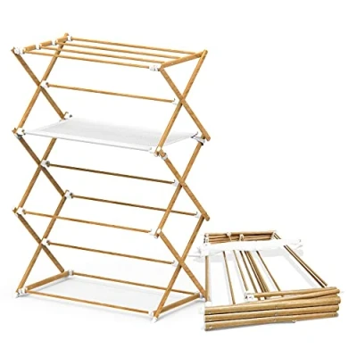 Afbeelding van VOUNOT Opvouwbare kledingluchter Compact droogrek Voorgemonteerd 7 meter droogruimte Binnen en buiten imitatie houtkleur