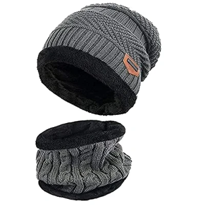 Afbeelding van CHUANGOU Beanie hoed sjaal set, warme gebreide muts, voor mannen, vrouwen, kinderen, skiën of outdoor (grijs).