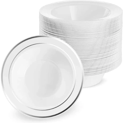 Afbeelding van MATANA 25 Witte Plastic Kommen met Zilveren Rand (360 ml) voor Bruiloften, Verjaardagen, Doopfeesten, Kerstmis en Feesten Stevig Herbruikbaar