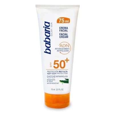 Afbeelding van Babaria SPF50+ UVA UVB en infrarood gezichtscrème, kreukvrij vuilafstotend, voor gezicht halslijn, bevat aloë vera, waterdicht, veganistisch, uniseks, 75 ml