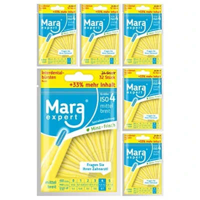 Afbeelding van MARA EXPERT interdentale borstels 0,7 mm, ISO 4 medium breed, 6 x 32 gele borstels, ideale tussenruimteborstel, met muntsmaak, bonus, vraag het aan je tandarts