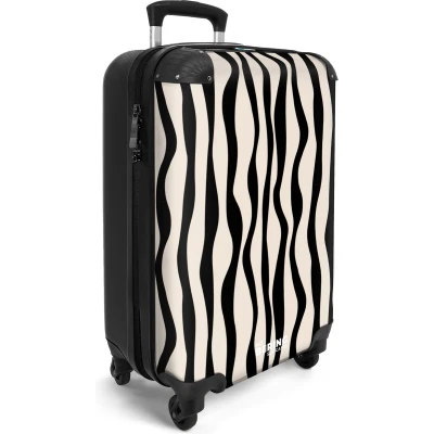 Afbeelding van NoBoringSuitcases.com® Handbagage koffer lichtgewicht Reiskoffer trolley Beige met zwart golvende lijnen Rolkoffer wieltjes Past binnen 55x40x20 en 55x35x25