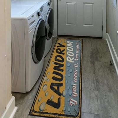 Afbeelding van Ottomanson Laundry collectie tapijt met rubberen achterkant en zeepbellendesign, 50 cm x 150 cm, geel/grijs