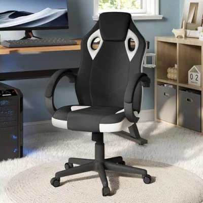 Afbeelding van WOLTU Gaming stoel, stof voor de zomer, ademende bureaustoel, draaistoel, gamerstoel, ergonomische pc 150 kg belastbaar, met armleuningen, in hoogte verstelbaar, gewatteerd, mesh weefsel, wit,