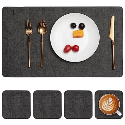 Afbeelding van Wasbare leren placemats en onderzetters, dubbelzijdige set van 4 antislip kunstleren (grijs, 4)