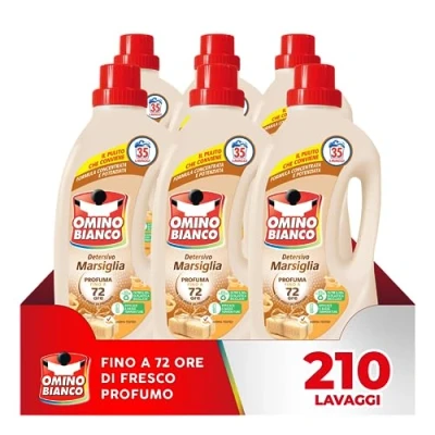Afbeelding van Omino Bianco Vloeibaar wasmiddel, 210 wasbeurten, respecteert kleuren en stoffen, frisse geur met hart essence, 1400 ml x 6 verpakkingen