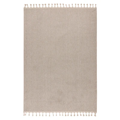 Afbeelding van Lalee Tunis plat geweven vloerkleed uni effen tapijt laagpolig met grote franjes tijdloos 160x230cm beige