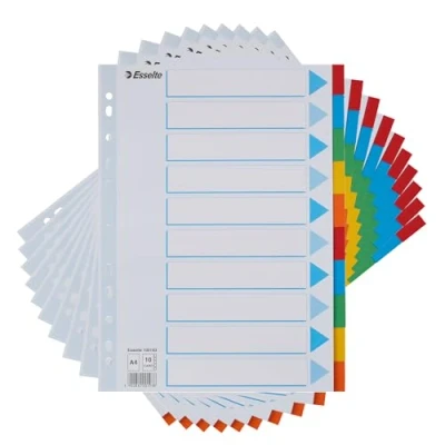 Afbeelding van Esselte 10 stuks A4 kaartbestandsverdelers, delen gekleurde mapverdelers met identificatie voorblad, voor ringmappen en hendelboogvijlen, gemaakt van duurzame, gerecyclede kaart