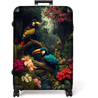 Afbeelding van NoBoringSuitcases.com® Koffer groot Reiskoffer lichtgewicht Bloemen Vogel Jungle Planten Rolkoffer met 4 wielen Grote trolley XL 98 liter bagage