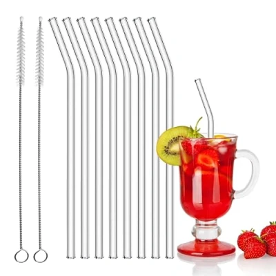 Afbeelding van glazen rietjes, herbruikbaar, 8 stuks, 20 cm, gebogen cocktailrietjes, transparante rietjes met 2 reinigingsborstels voor cocktails, smoothies en sappen