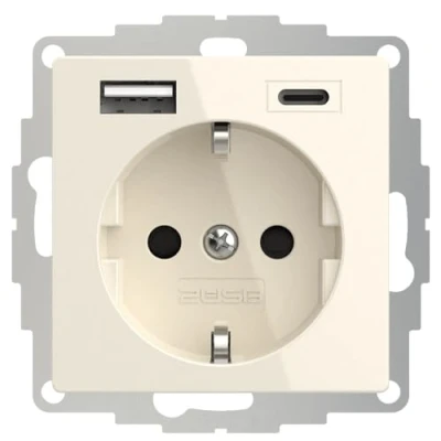 Afbeelding van 2USB inCharge PRO 15W/3A crème wit glanzend USB stopcontact met A en C poorten