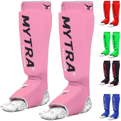 Afbeelding van Mytra Fusion Shin Instep Stretchable Polyester Stof Gewatteerde Jumbo Eva Foam Uitgelicht met Haak &amp; Loop Sluiting Kick Boksen MMA Krav Maga Training Paar (S/M, Pink)