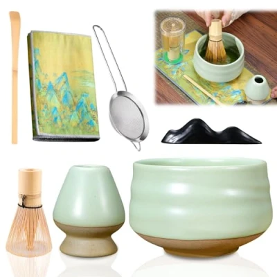 Afbeelding van Matcha Set 7 delig, Garde, Kom Bowl, Houder Whisk, Lepels, Zeef Whisk Kit