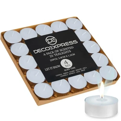 Afbeelding van DECO EXPRESS Theelichtkaarsen Multipack van 200, 100, 50, 25 of 24, brandtijd 4, 8 10 uur theelichtjes kaarsen (laat het sneeuwen 25/4 uur)