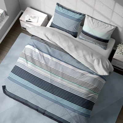 Afbeelding van DILIOS Premium beddengoed, 135 x 200 cm, 100% katoen, ademend, renforcé, met ritssluiting, turquoise/grijs gestreept, 2 delig, beddengoedset, dekbedovertrek + kussensloop