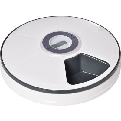 Afbeelding van PawHut Voederautomaat met 6 vakken, voor katten, honden, huisdieren, automatische 4 maaltijden programmeerbare voederdispenser led display, timer, wit + grijs, diameter 30,5 x 7,2 cm