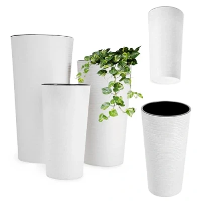 Afbeelding van KADAX bloempot met houtspaanders, elegante uitneembare inzet, bloempotbescherming voor kantoor, bloembak, tuinschaal (3 delige set: 19/25/30 cm, wit)