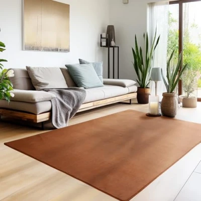 Afbeelding van HomebyHome Laagpolig tapijt, woonkamer, 160 x 230 cm, bruin, wasbaar tapijt voor slaapkamer, eetkamer en ideaal als keukentapijt, extra zacht, effen, antislip, modern