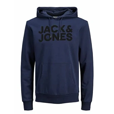 Afbeelding van JACK &amp; JONES Heren Corp Logo Sweat Hood Classic Hooded Sweatshirt Basic Sweater, Navy Blazer/Print Zwart, XXL