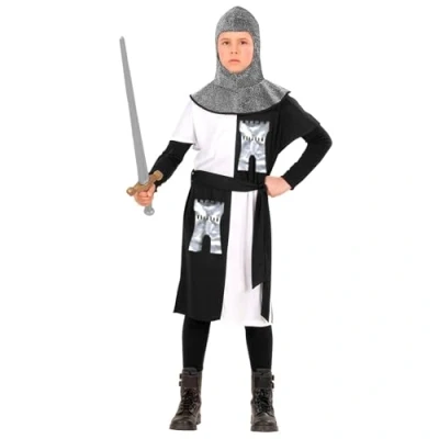 Afbeelding van Widmann Middeleeuwse &amp; Renaissance Strijders Kostuum Ridder Whitefort Jongen Zwart / Wit, Zilver Maat 158 Carnavalskleding Verkleedkleding