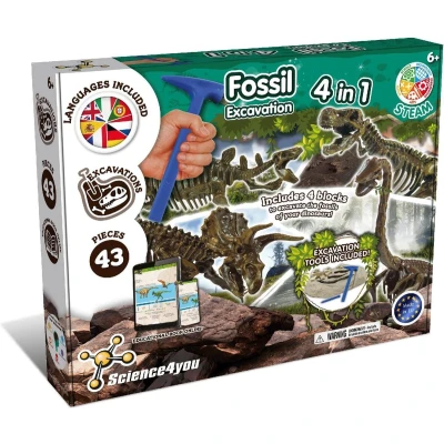 Afbeelding van Science4you Fossil Excavation 4 in 1 Kit Dinosaurus Fossielen Opgraven Opgravingsset Dino met Beitel &amp; Hamer