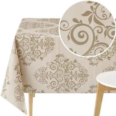 Afbeelding van KP HOME Waterdicht PVC afwasbaar tafelkleed rechthoekig tafelzeil 78 x 139,7 cm 200 140 elegant barok kunststof outdoor vinyl afveegbaar in crèmebeige