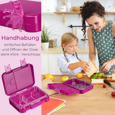 Afbeelding van Len bento Box lunchbox voor kinderen, met 4 + 2 vakken, extreem robuust, lunchbox, ideaal kinderopvang en school (paars, zittende eenhoorn)